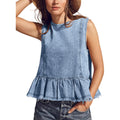 Huaqiao Womens Summer Sleeveless Denim Tops Button Back Crew Neck Jean Vest Cute Swing Ruffle Hem Y2K Tops