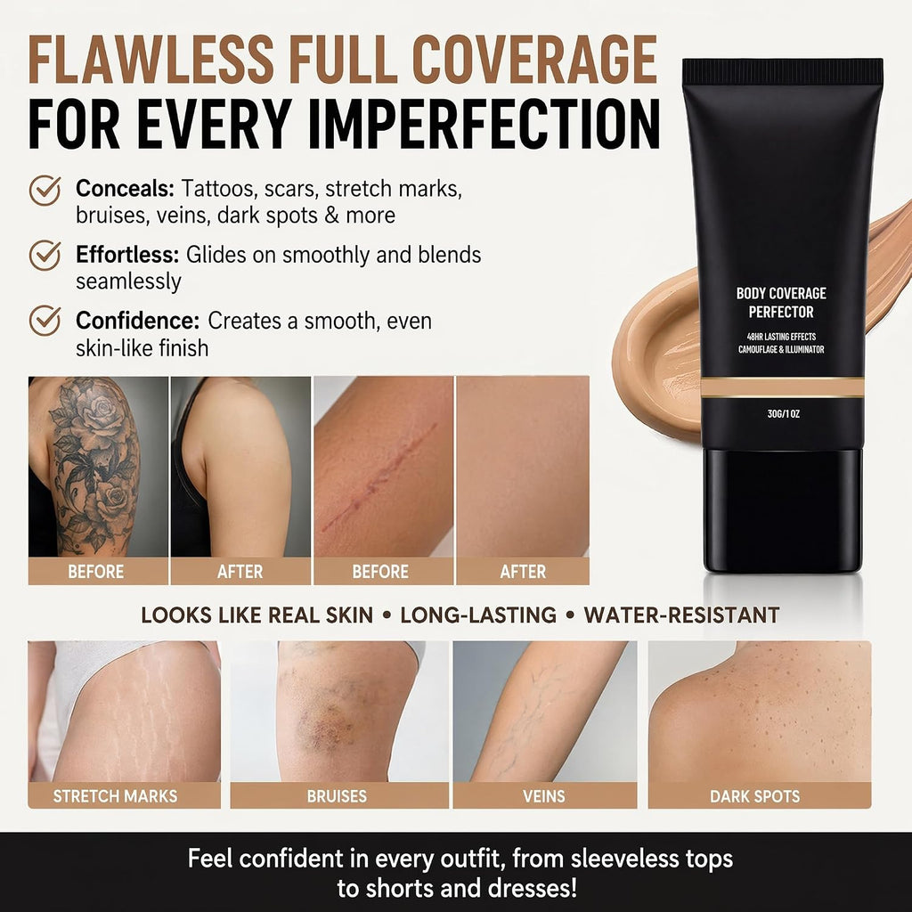 Body Coverage Perfector Waterproof Leg & Body Makeup Foundation (Natural) | Full Coverage Tattoo Cover Up Concealer, Long Lasting Sweatproof & Transfer Resistant Body Makeup For Legs, Face, 1Oz