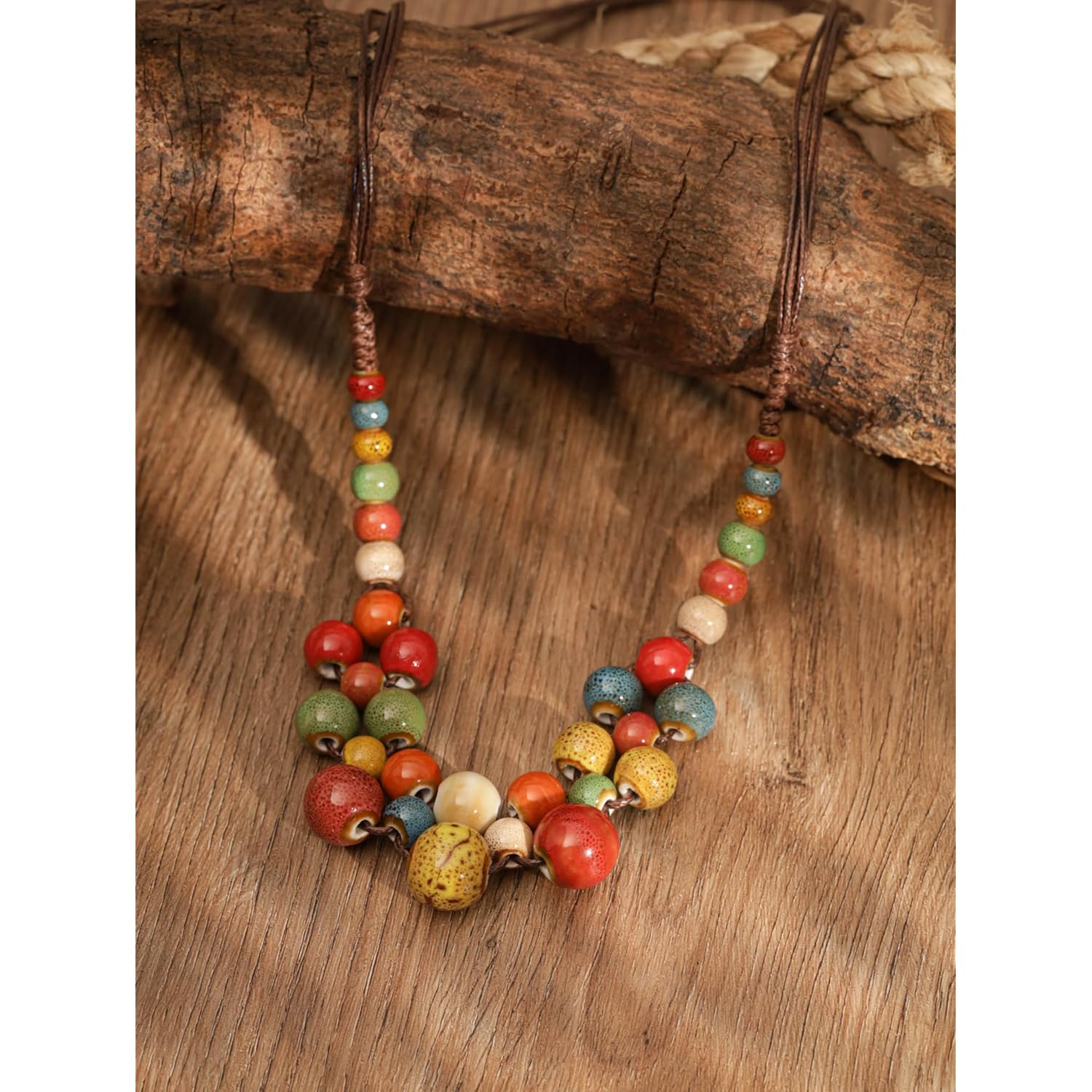 MINACHI Hippie Boho Colorful Ceramic Round Beads Strand Necklace, Bohemian Fashion Statement Jewelry Gift for Women