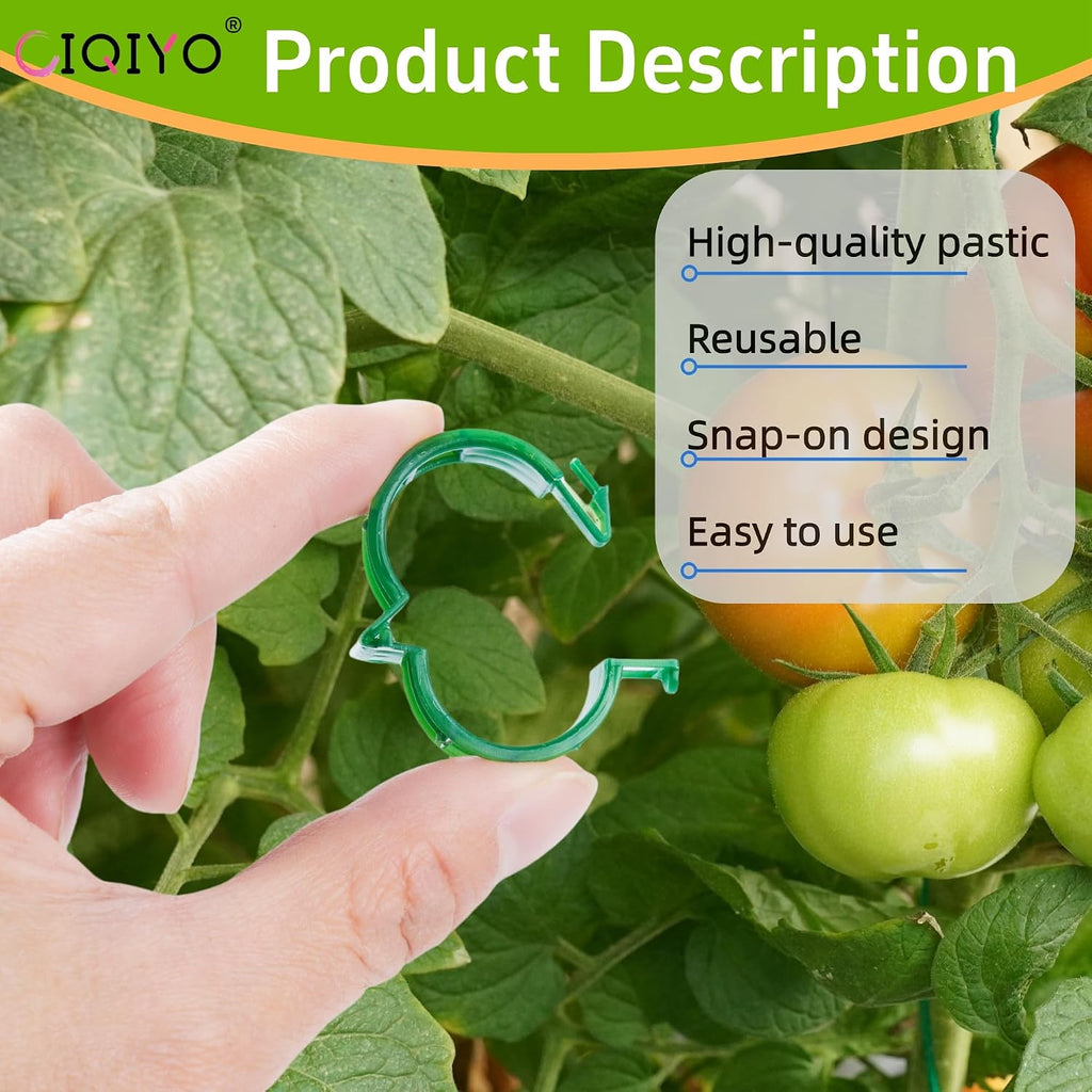 Ciqiyo® 100 Pcs Plant Support Clips,Plastic Clips For Securing Plants | Tomato Vine Clips,Garden Clips For Climbing Plants,Grape And Vine Vegetables,Reusable,Vacuum Packaging (100, Green)