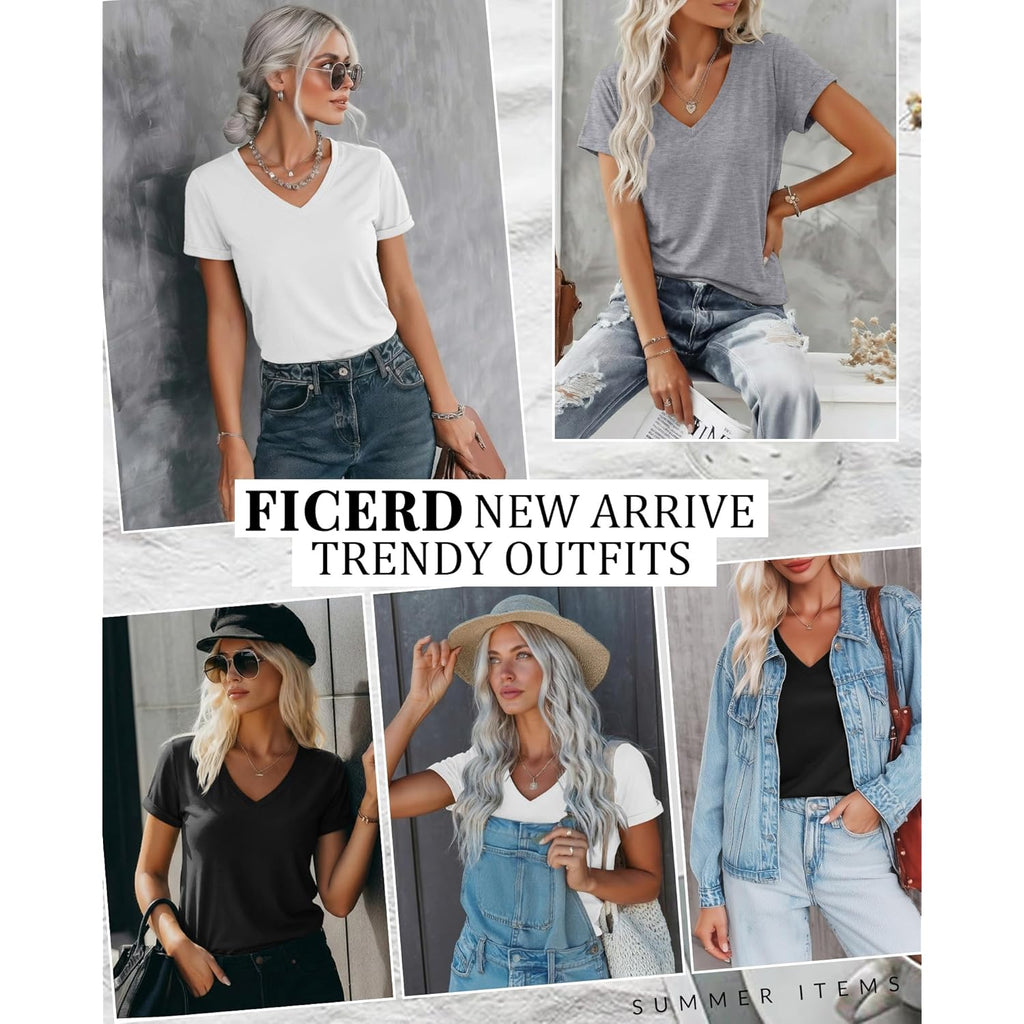 3 Pack Women's V Neck T Shirts, Summer Casual Short Sleeve Tops Loose Fit Rolled Sleeve Tees Trendy Shirts