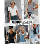 Ficerd 3 Pack Women's V Neck T Shirts, Summer Casual Short Sleeve Tops Loose Fit Rolled Sleeve Tees Trendy Shirts