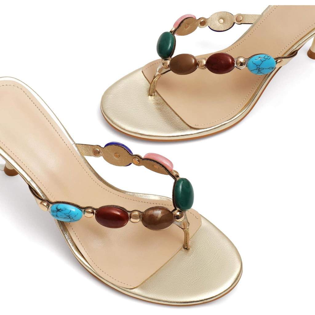 Jeweled Flip Flop Kitten Heels For Women Open Toe Beaded Strappy High Heels Sandals Slip On Thong Heeled Mules Mid Heel Fashion Party Dress Shoes