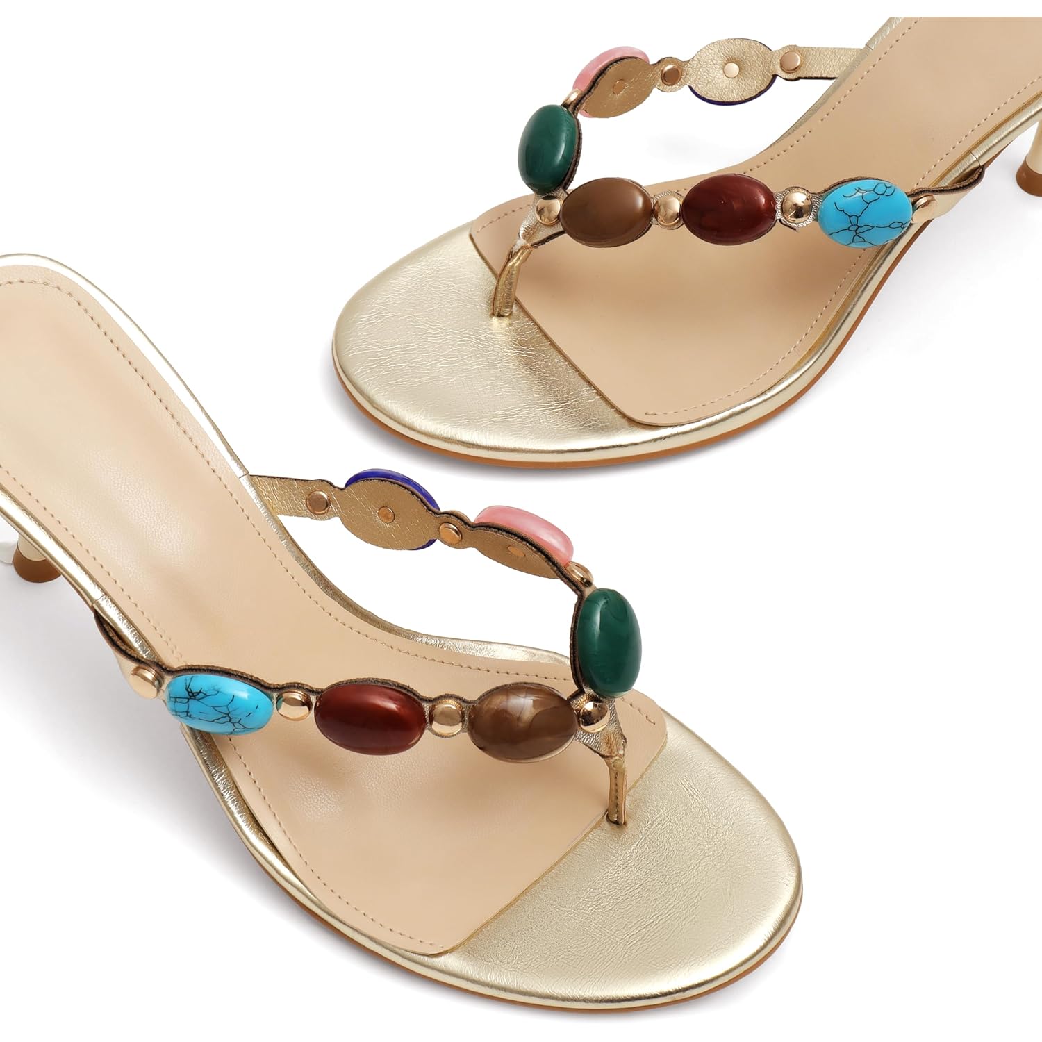 Jeweled Flip Flop Kitten Heels For Women Open Toe Beaded Strappy High Heels Sandals Slip On Thong Heeled Mules Mid Heel Fashion Party Dress Shoes