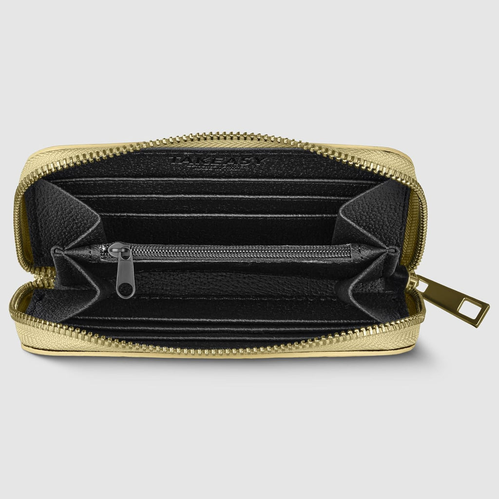 Italian Genuine Suede Wallet for Women with Metallic Weave & Full Zip Closure | Small Rectangular Card Holder Purse (Gold)