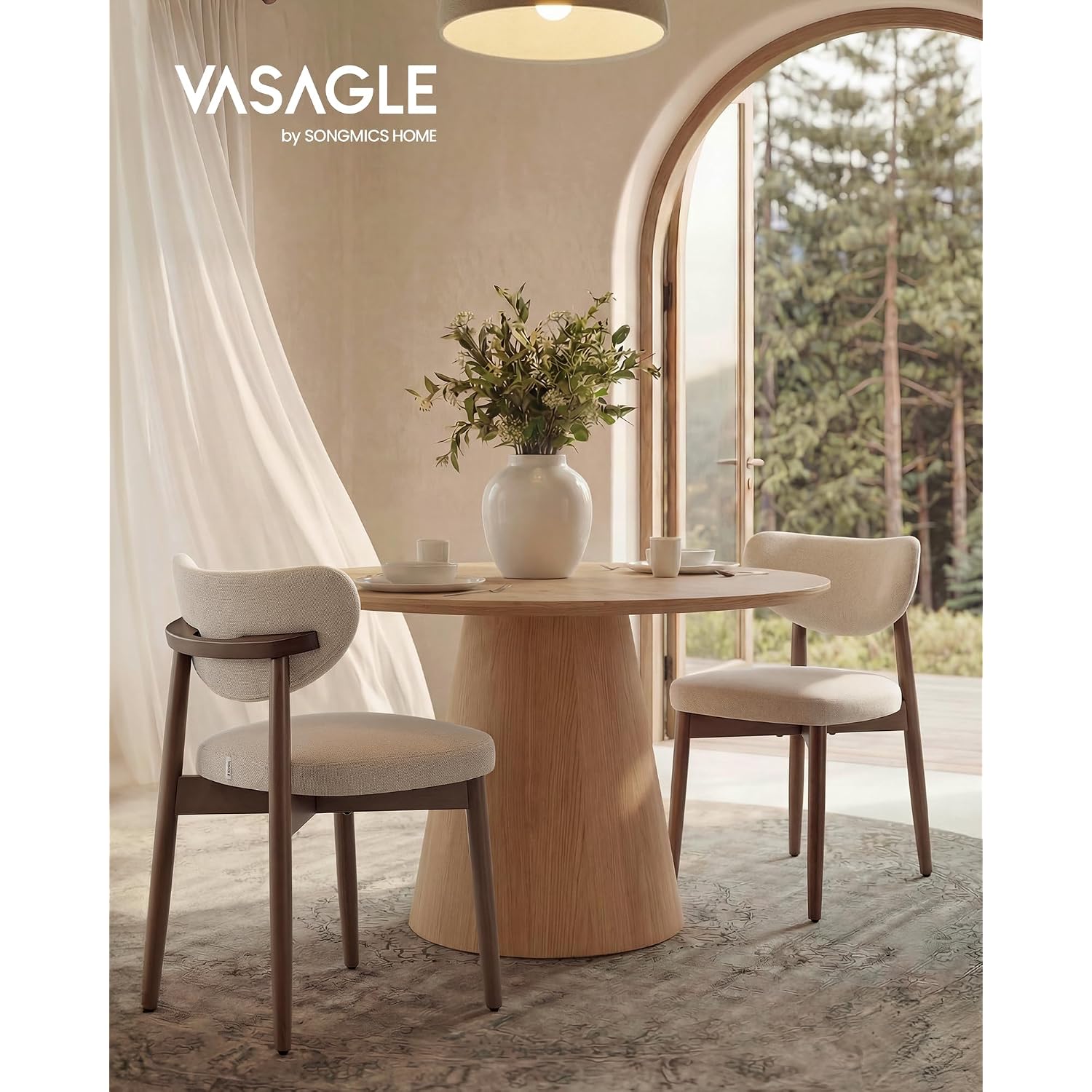 Vasagle Wooden Dining Chairs Set Of 2, Upholstered Kitchen Chairs With Solid Wood Legs, Ergonomic Curved Backrest, Built-In Handle, Mid Century Modern, For Kitchen Dining Vanity, Cappuccino Beige