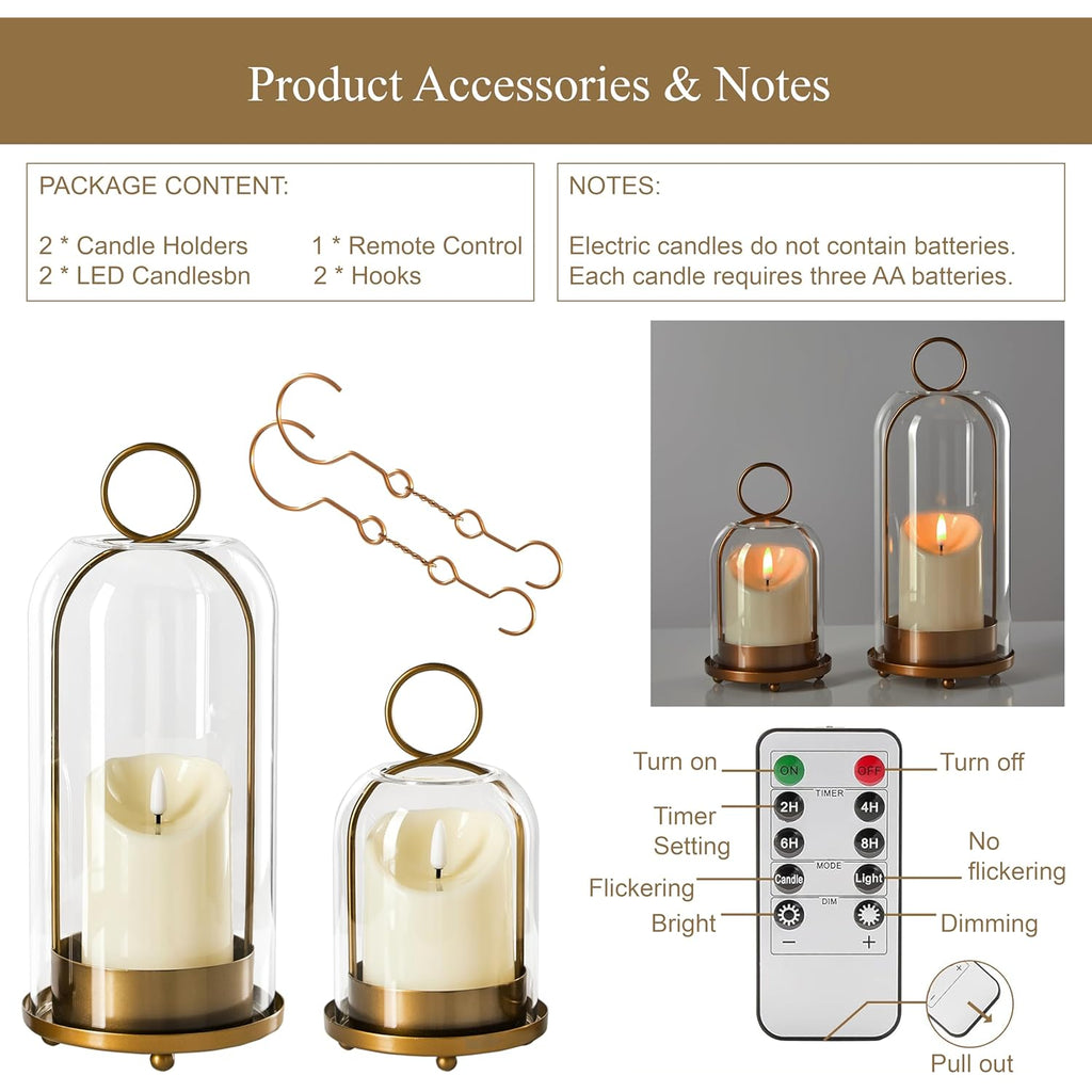 5"&4" Metal Candle Holder with Handmade Glass Dome in Brass & 2 Timer Candles, Set of 2 Versatile Hurricane Glass Candle Holders for Pillar Candles & Plants