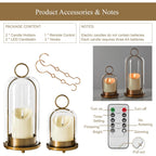5"&4" Metal Candle Holder with Handmade Glass Dome in Brass & 2 Timer Candles, Set of 2 Versatile Hurricane Glass Candle Holders for Pillar Candles & Plants