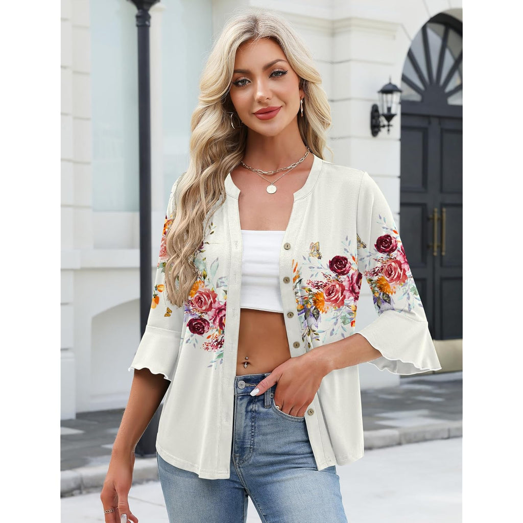 Women's Button Down T Shirts 3/4 Sleeve V-Neck Tops Casual Summer Ladies Tees Ruffle Bell Sleeve Tunic