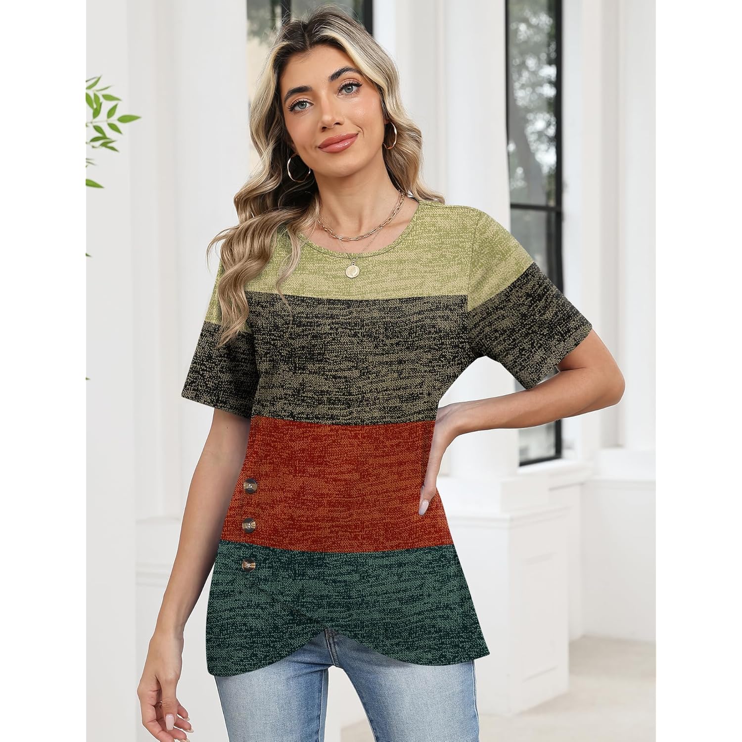 Womens Tops Short Sleeve Shirts Crew Neck Tunic with Buttons Spring Summer Outfits for Women Trendy 2026