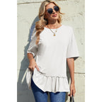Dokotoo Womens Summer Tops Crewneck Short Sleeve Ruffle Hem Oversized T-Shirts Casual Loose Peplum Babydoll Blouses Shirts