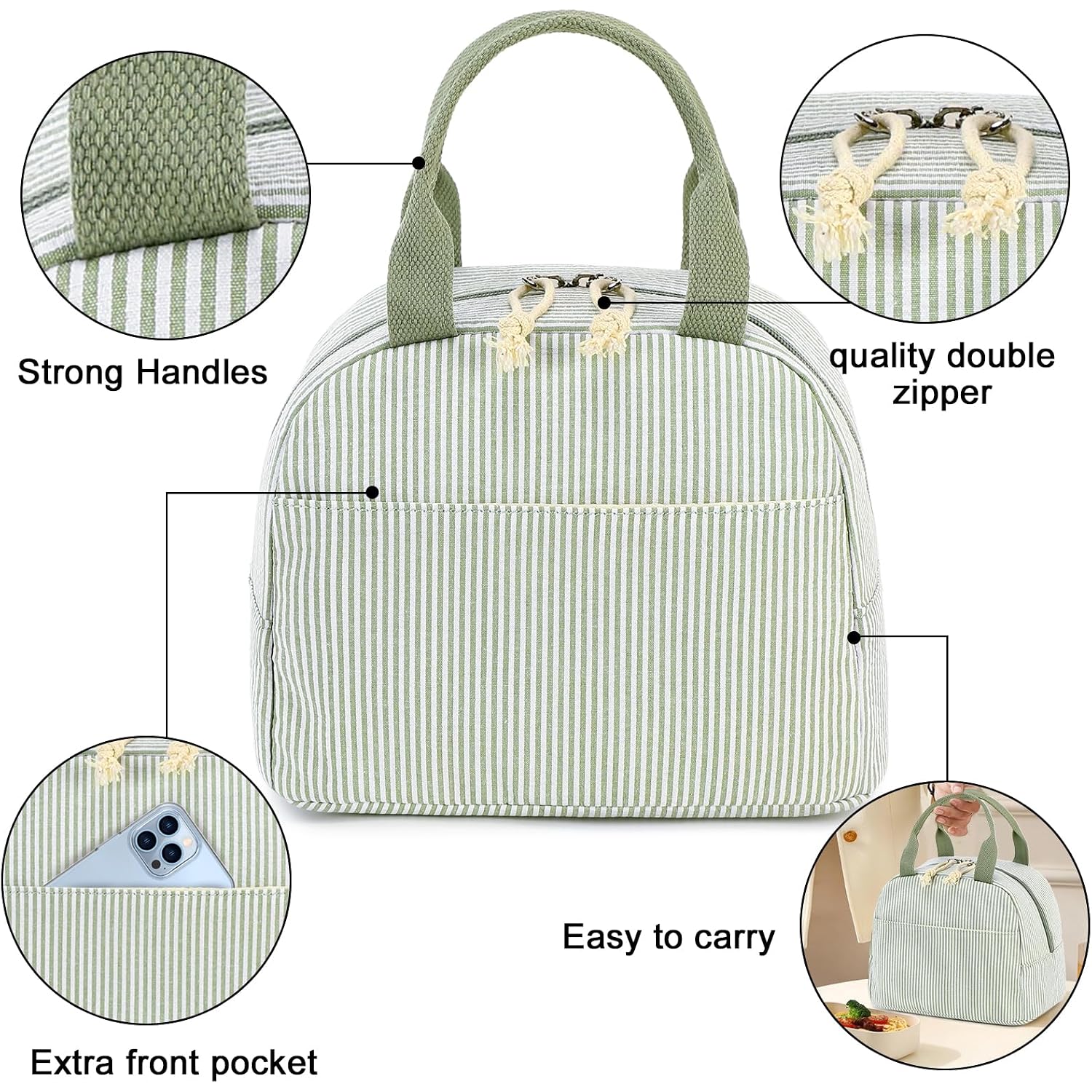 Bluboon Lunch Box For Women Cute Lunch Bag Reusable Insulated Lunch Bags Large Capacity Lunchbox Cooler For Work Picnic Or Travel Gifts (A Sage Green White Stripes, 10 X 7.5 X 8 Inches)
