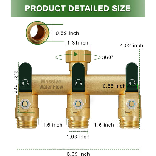 3 Way Hose Splitter, Heavy Duty Full Flow Garden Water Hose Bib Spigot Splitter, Brass Rust And Freeze Resistant Outdoor Faucet Splitter, T Adapter Connector With 3/4 - Inch Ght Thread （Green）