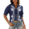 Women's 2026 Spring Tops Casual Floral Boho V Neck Puff Short Sleeve Button Down Shirts Embroidered Blouses Tunic