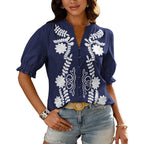 Women's 2026 Spring Tops Casual Floral Boho V Neck Puff Short Sleeve Button Down Shirts Embroidered Blouses Tunic