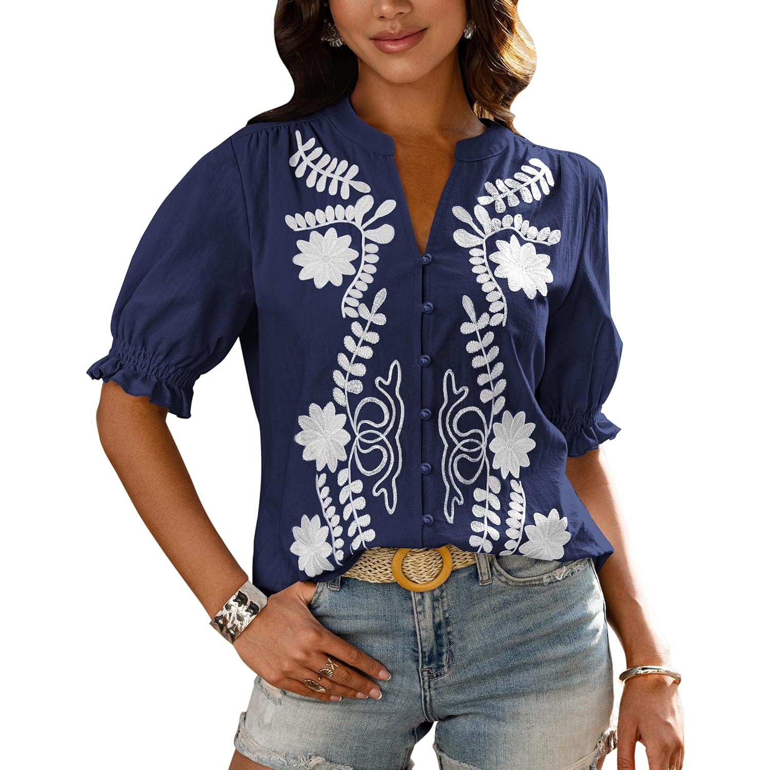 Women's 2026 Spring Tops Casual Floral Boho V Neck Puff Short Sleeve Button Down Shirts Embroidered Blouses Tunic