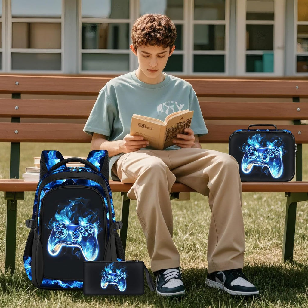 School Backpacks For Boys - 4Pcs Gamer Boys Backpacks With Lunch Box Set For Kids Teens Elementary Middle School, 17″ Large Capacity Students Bookbag, Perfect For Travel