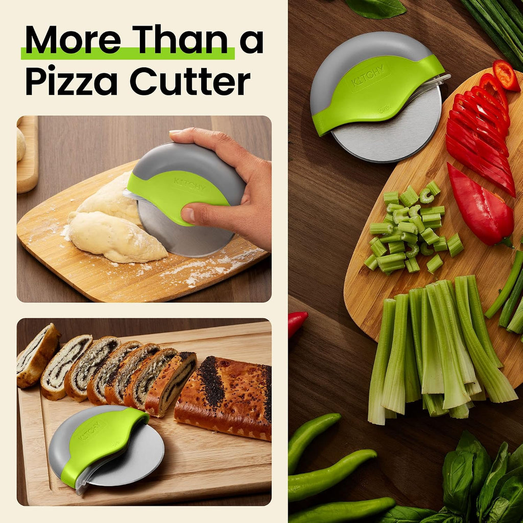 Kitchy Pizza Cutter Wheel, Heavy Duty Ergonomic Pizza Slicer With Easy Grip Non-Slip Handle And Blade Cover, Dishwasher Safe (Green)