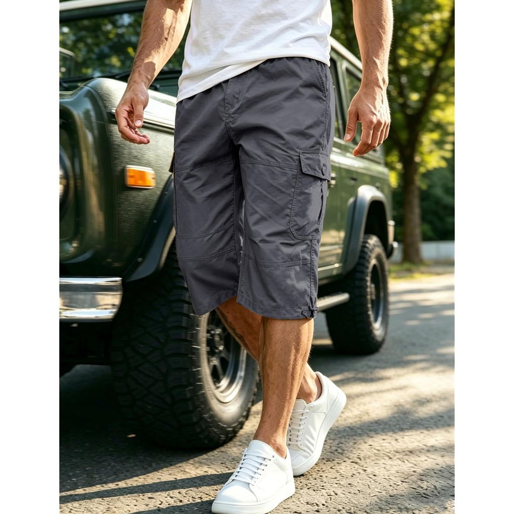 Eklentson Men'S Cargo Shorts Casual Twill Elastic 3/4 Capri Pants Below Knee Long Shorts With 7 Pockets