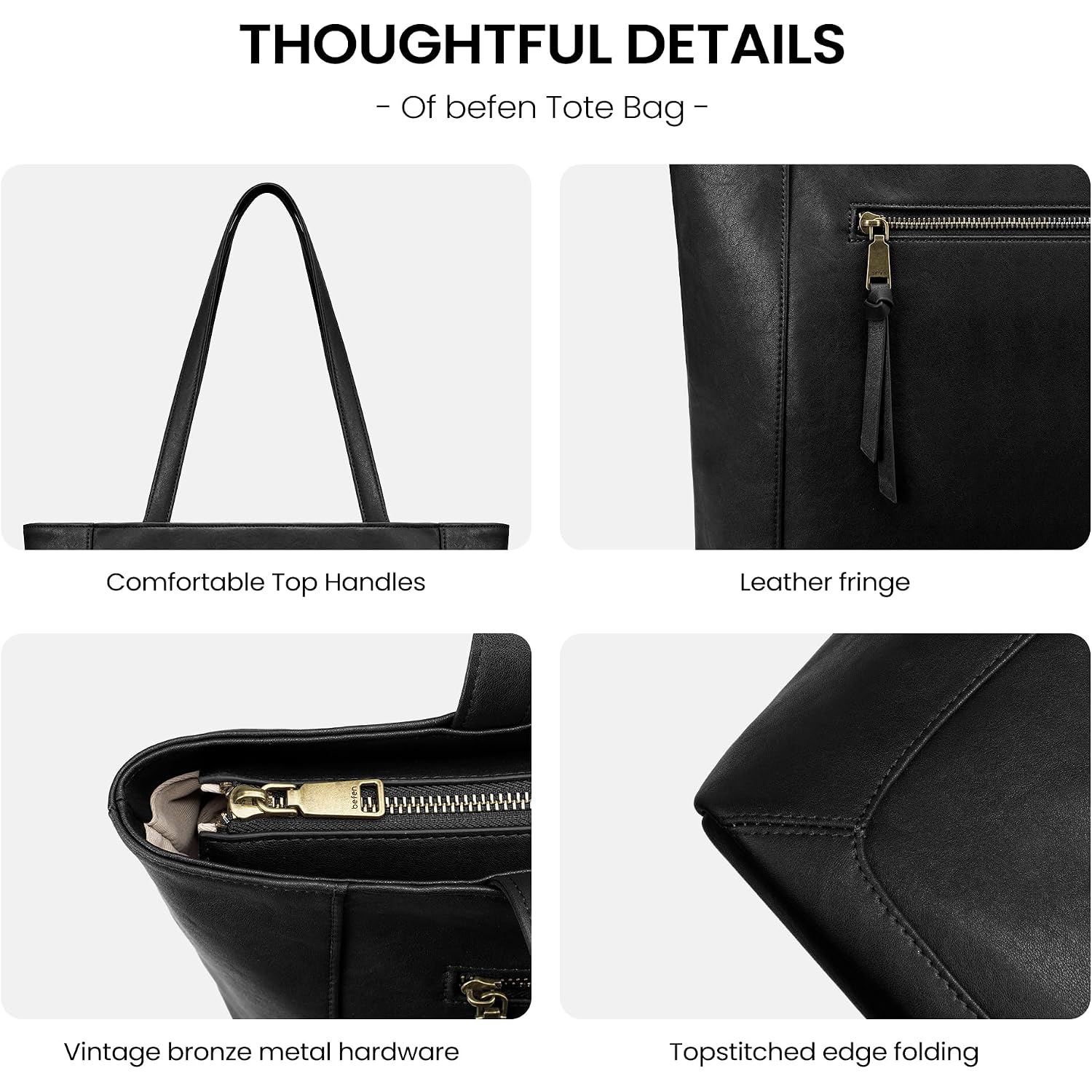 Befen Genuine Leather Tote Bag For Women, Large Work Tote Bag With Zipper Leather Purse And Handbags With 15.6" Compartment