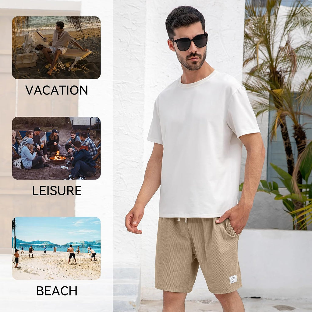Mens Corduroy Shorts With Pockets,7 Inch Casual Elastic Waist Summer Beach Shorts With Drawstring