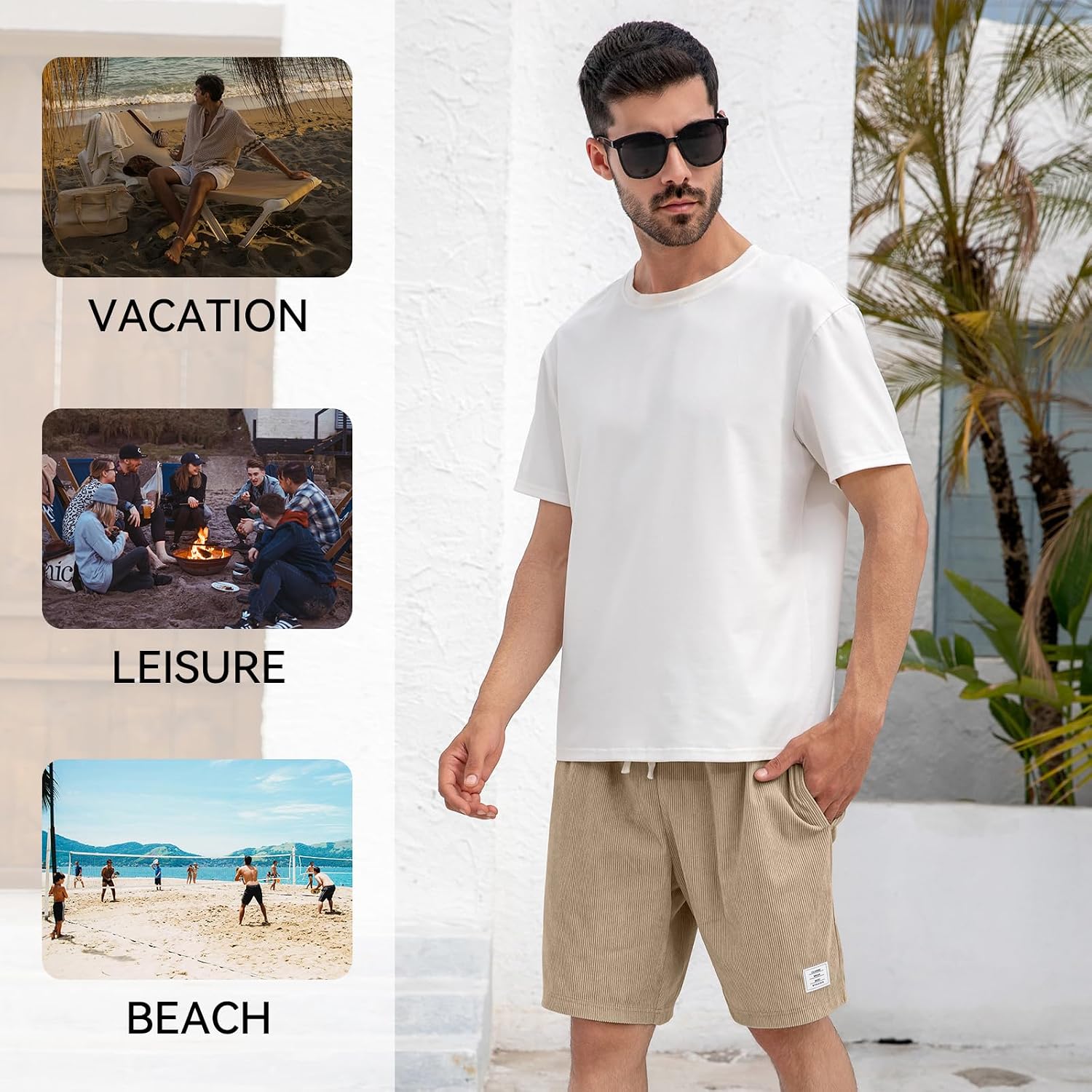 Mens Corduroy Shorts With Pockets,7 Inch Casual Elastic Waist Summer Beach Shorts With Drawstring