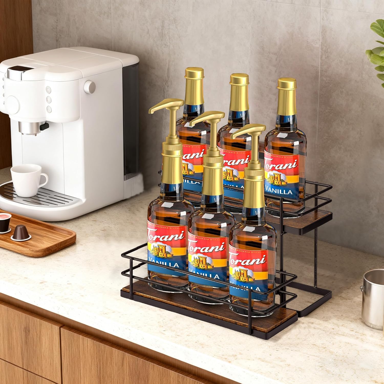 Coffee Syrup Organizer Rack, 2 Tier Syrup Holder For Coffee Bar Syrup Storage,Kitchen Condiment Organization And Wine Display(6 Bottle Capacity).