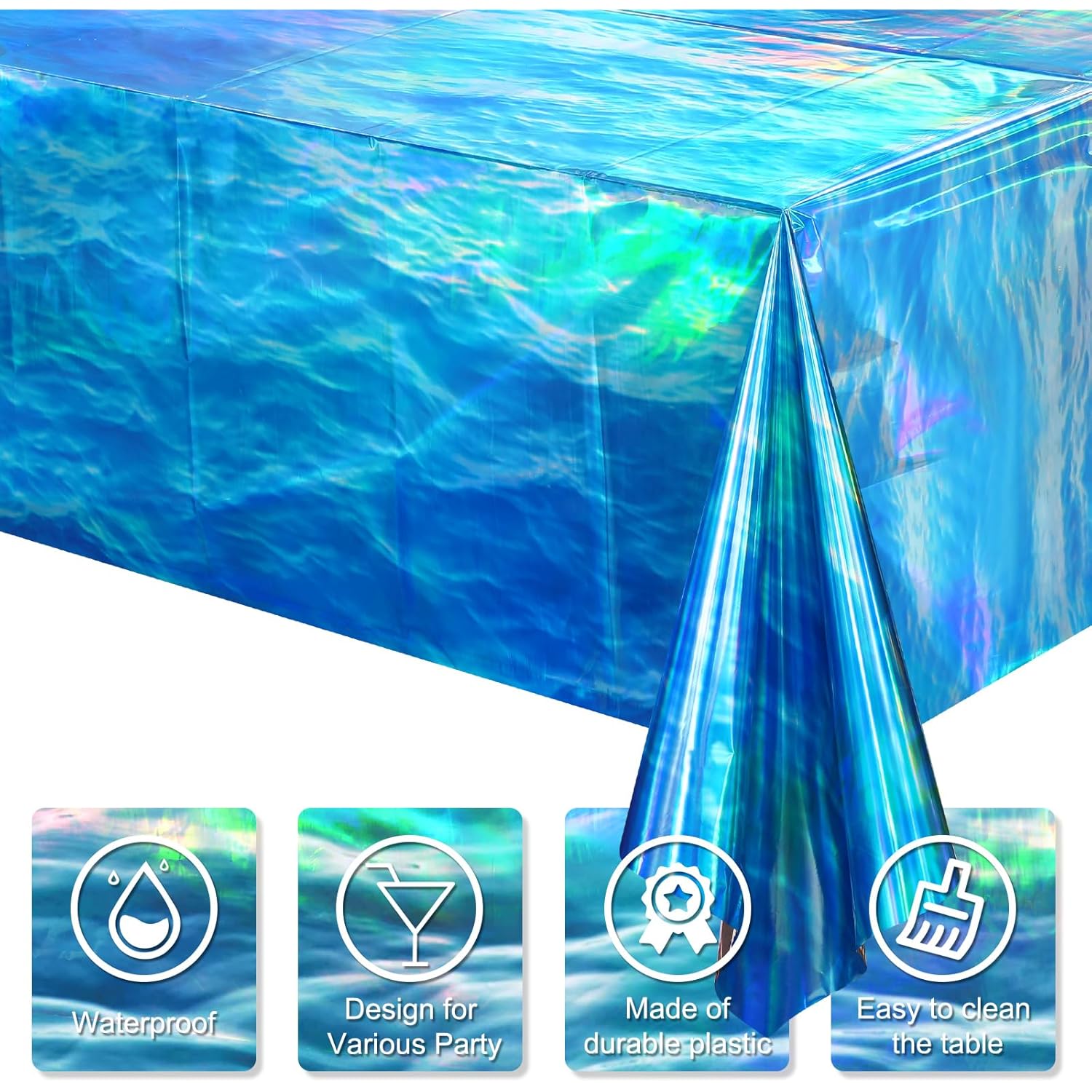 3 Pcs Iridescent Waves Tablecloths - Disposable Plastic Ocean Blue Table Cloth Rectangle Table Covers for Under the Sea Beach Surf Pool Party Birthday Party Decorations, 54 x 108 Inch