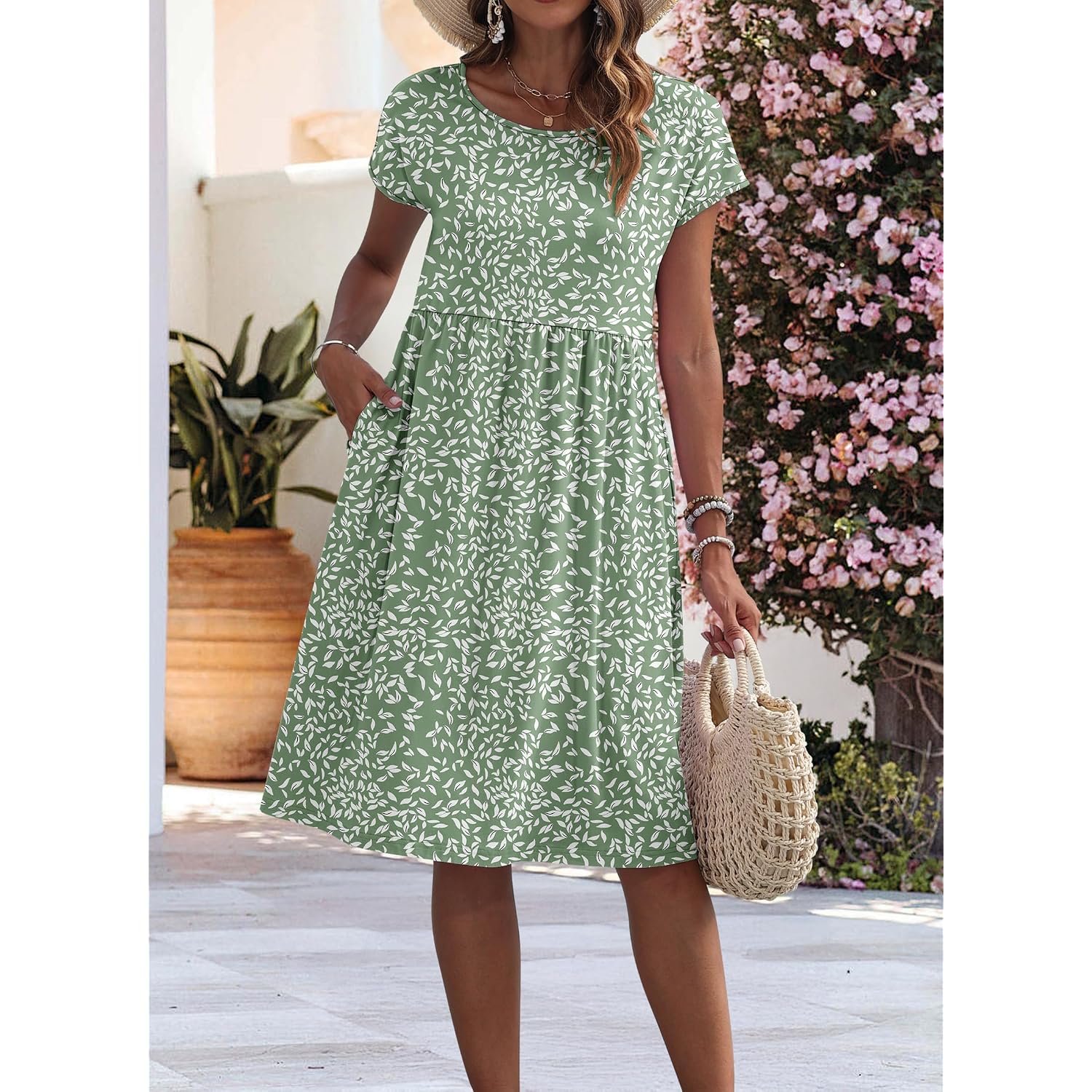 Auselily Women'S Summer Short Sleeve Knee-Length Dresses Round Neck Loose Dress With Pockets 2026 New
