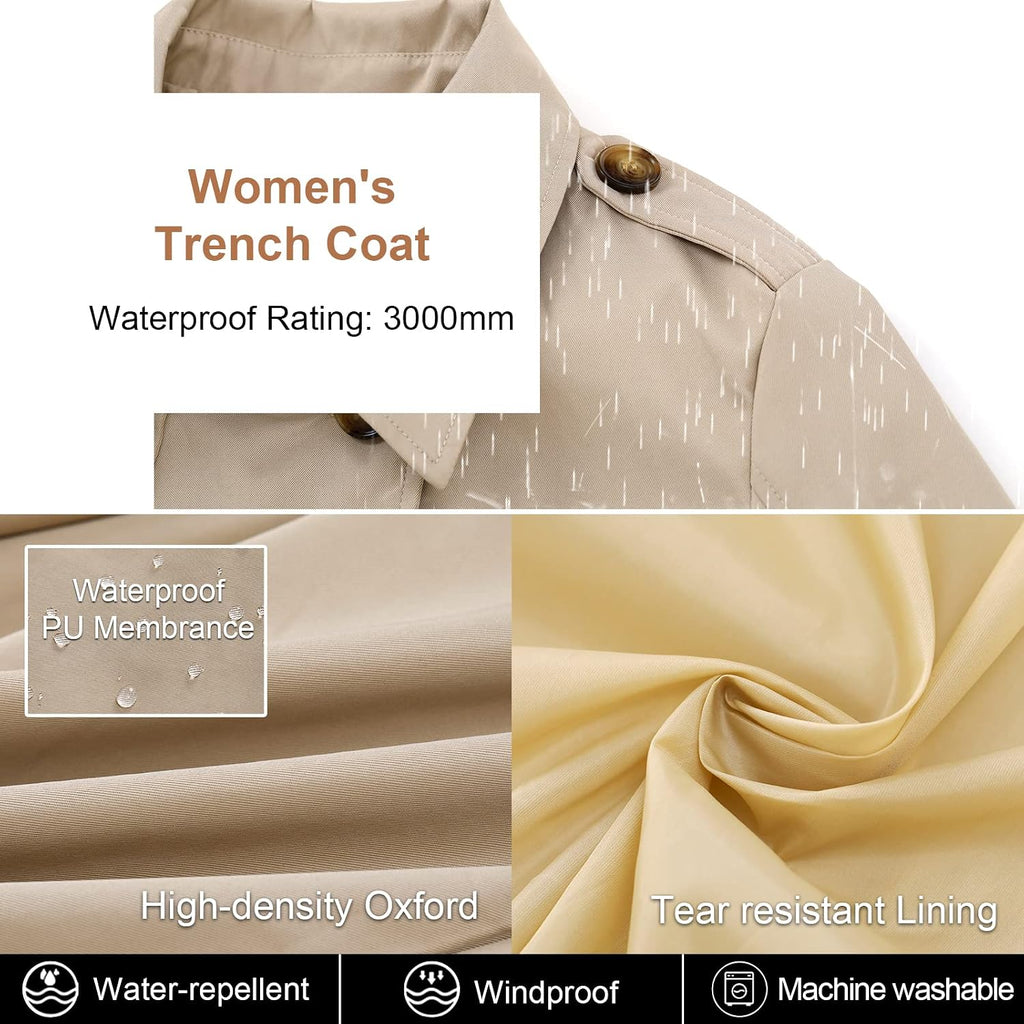 Women'S Trench Coat Double-Breasted Classic Lapel Overcoat Belted Slim Outerwear Coat With Detachable Hood