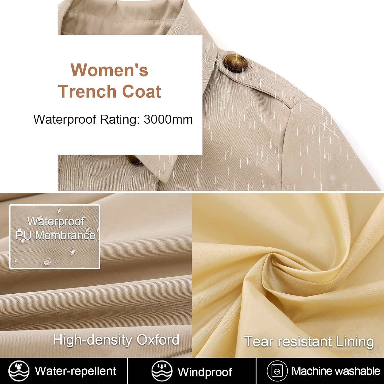 Women'S Trench Coat Double-Breasted Classic Lapel Overcoat Belted Slim Outerwear Coat With Detachable Hood
