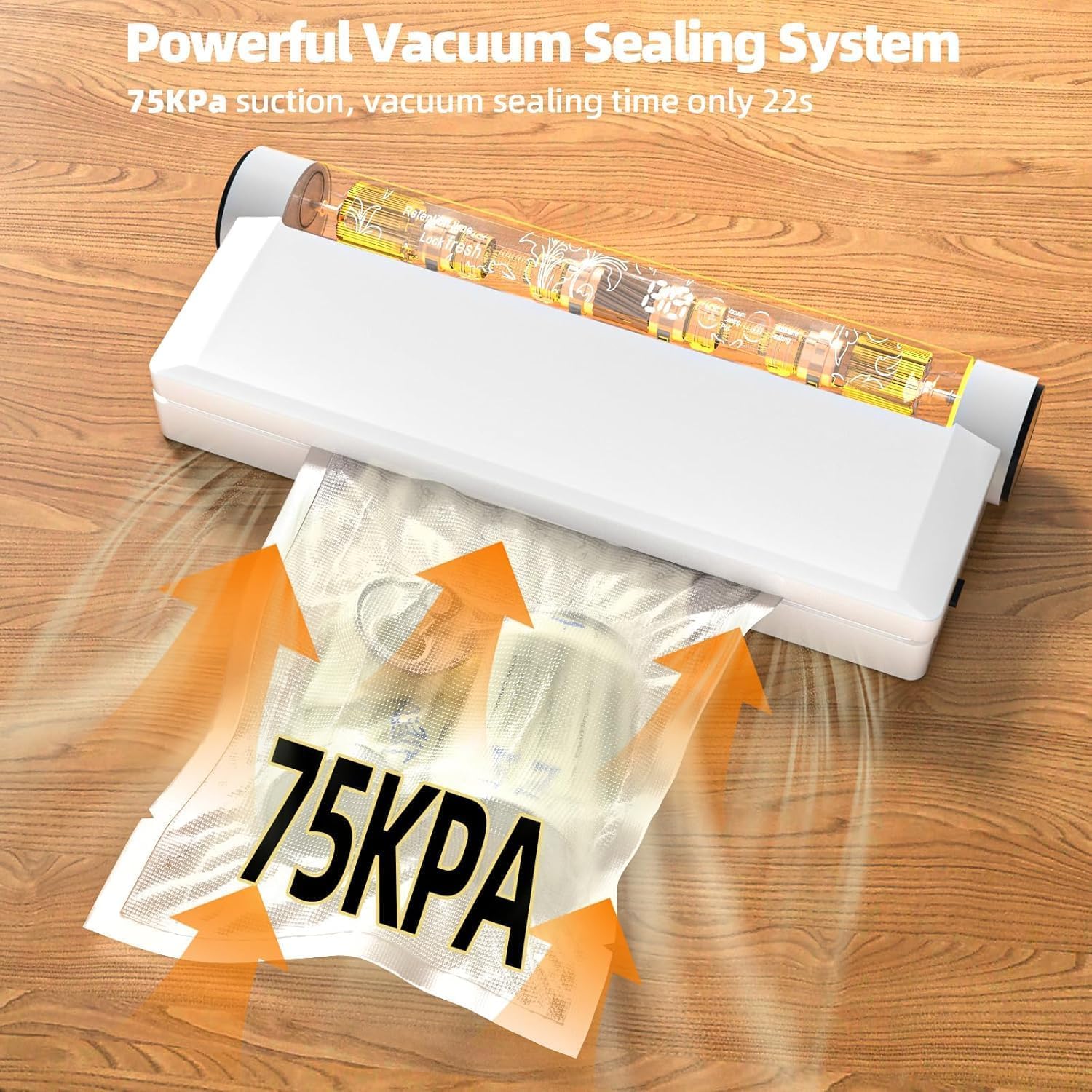 Compact Vacuum Sealer Machine, 75Kpa Strong Suction, Led Digital Timer Display, Dual Use For Dry & Wet Foods, Includes 20 Bags, Ideal For Home Kitchen Use, White
