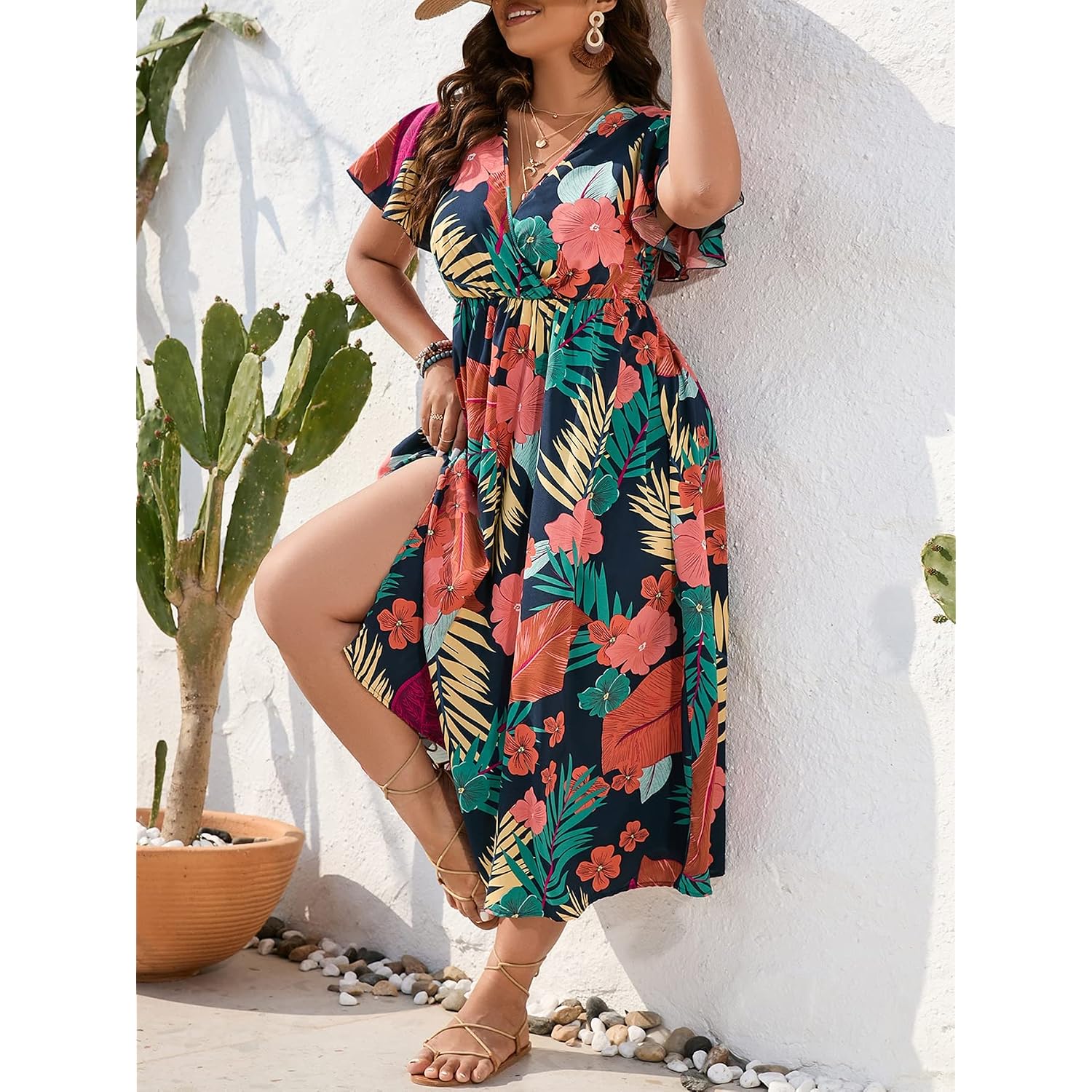 Floerns Women'S Plus Size Boho Hawaiian Tropical Dresses V Neck Short Sleeve Floral A Line Long Dress Vacation Beach Outfits