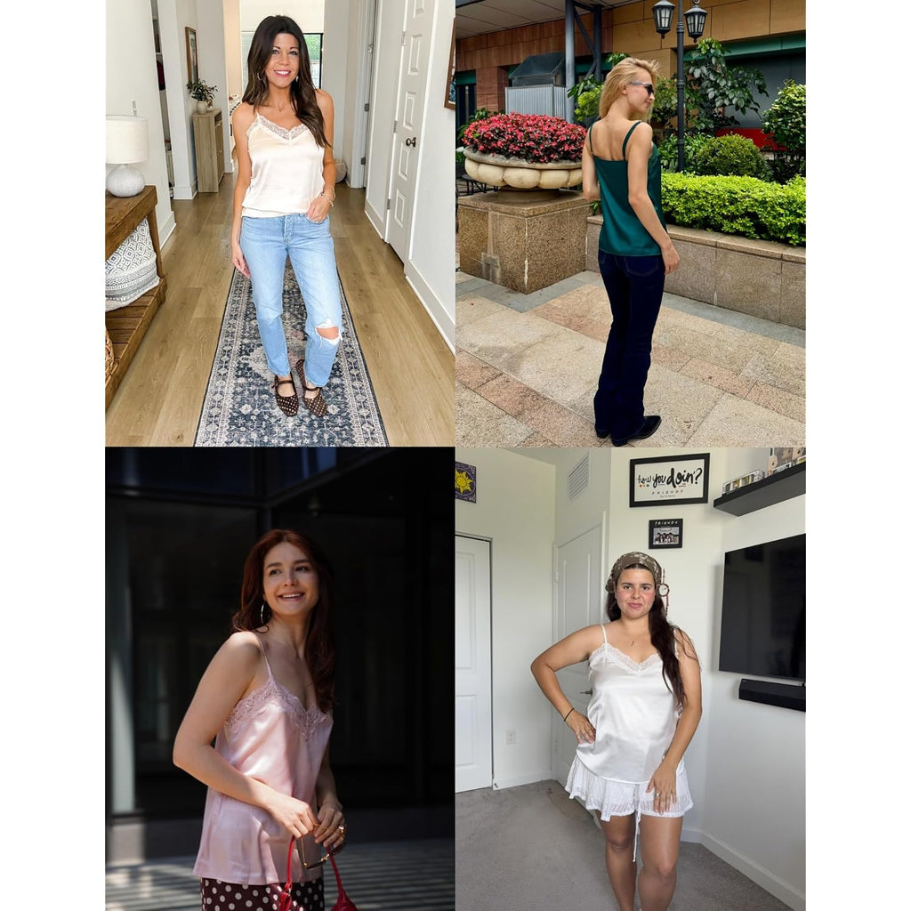 Rapbin Silk Camisole Tops for Women Lace Satin Tank Top V Neck Adjustable Spaghetti Strap Sleeveless Summer Blouse 2026