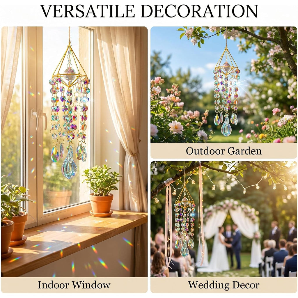 Crystal Suncatchers For Window Hanging Rainbow Maker Sun Catchers Indoor | Glass Wind Chime Garden Sun Catchers With Crystals Prisms,Whimsical Decor For Home,Handmade Gold Plated,With String & Hook