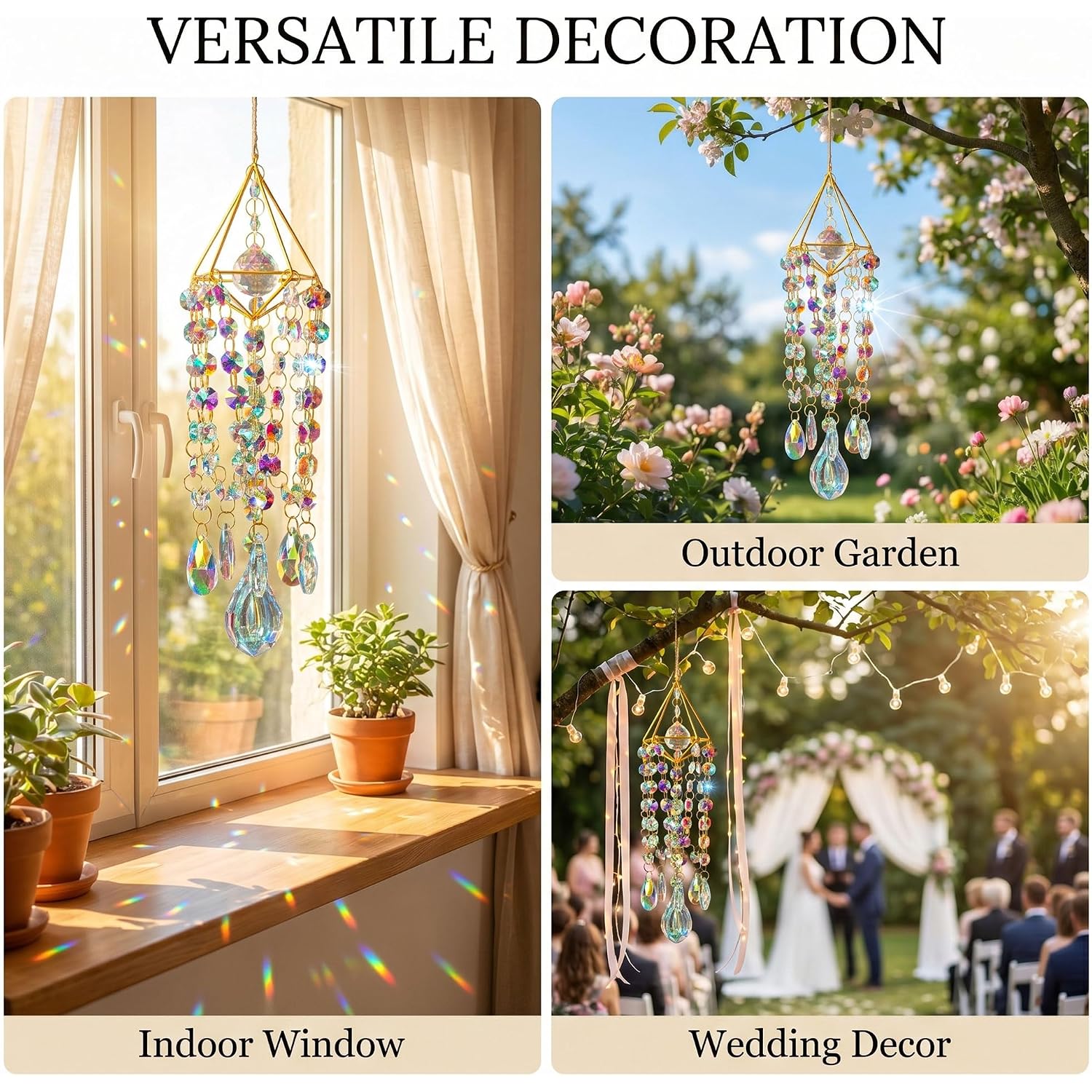 Crystal Suncatchers For Window Hanging Rainbow Maker Sun Catchers Indoor | Glass Wind Chime Garden Sun Catchers With Crystals Prisms,Whimsical Decor For Home,Handmade Gold Plated,With String & Hook
