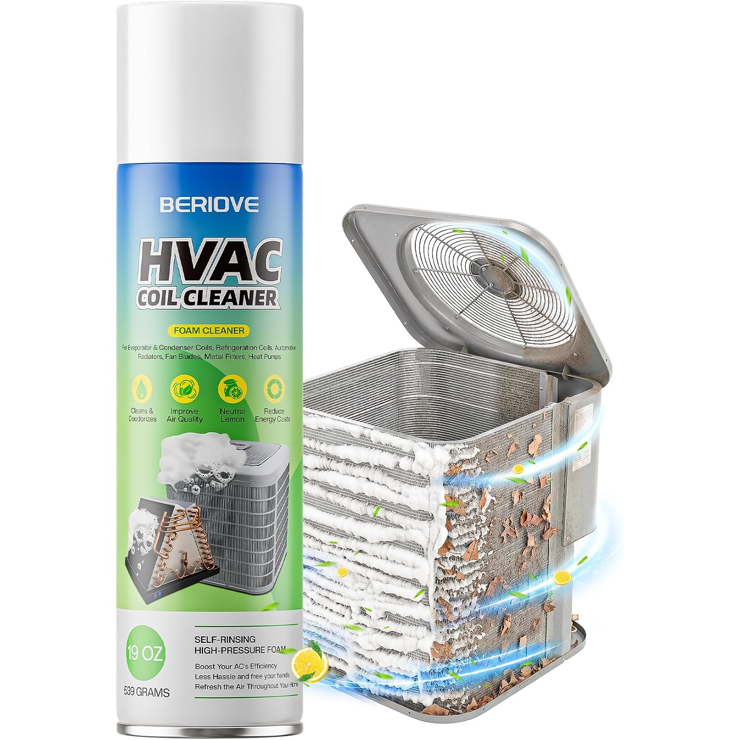 Berlove Foaming Ac Coil Cleaner: 19Oz High-Efficiency Formula, Quick Dust Removal, Ideal For Dust & Grease Removal On Evaporator Coils & Condensers, For Hvac Technicians & Diy Use
