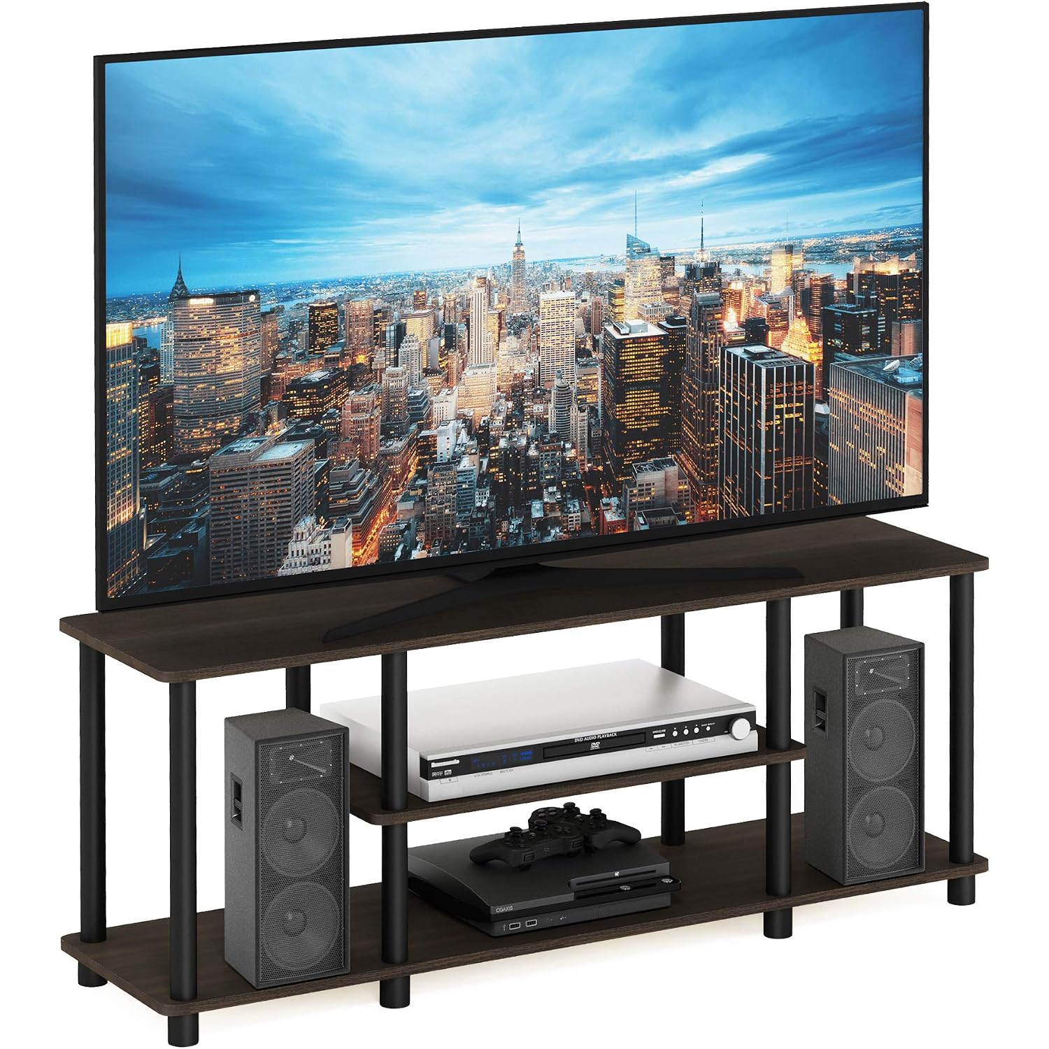 Furinno Turn-N-Tube No Tools 3D 3-Tier Entertainment Tv Stand Up To 50 Inch Tv, Round Tubes, Dark Brown / Black | For Tv Up To 50 Inch, Open Frame Rectangular Entertainment Center With Storage Shelf, Tv Console, For Living Room, Bedroom