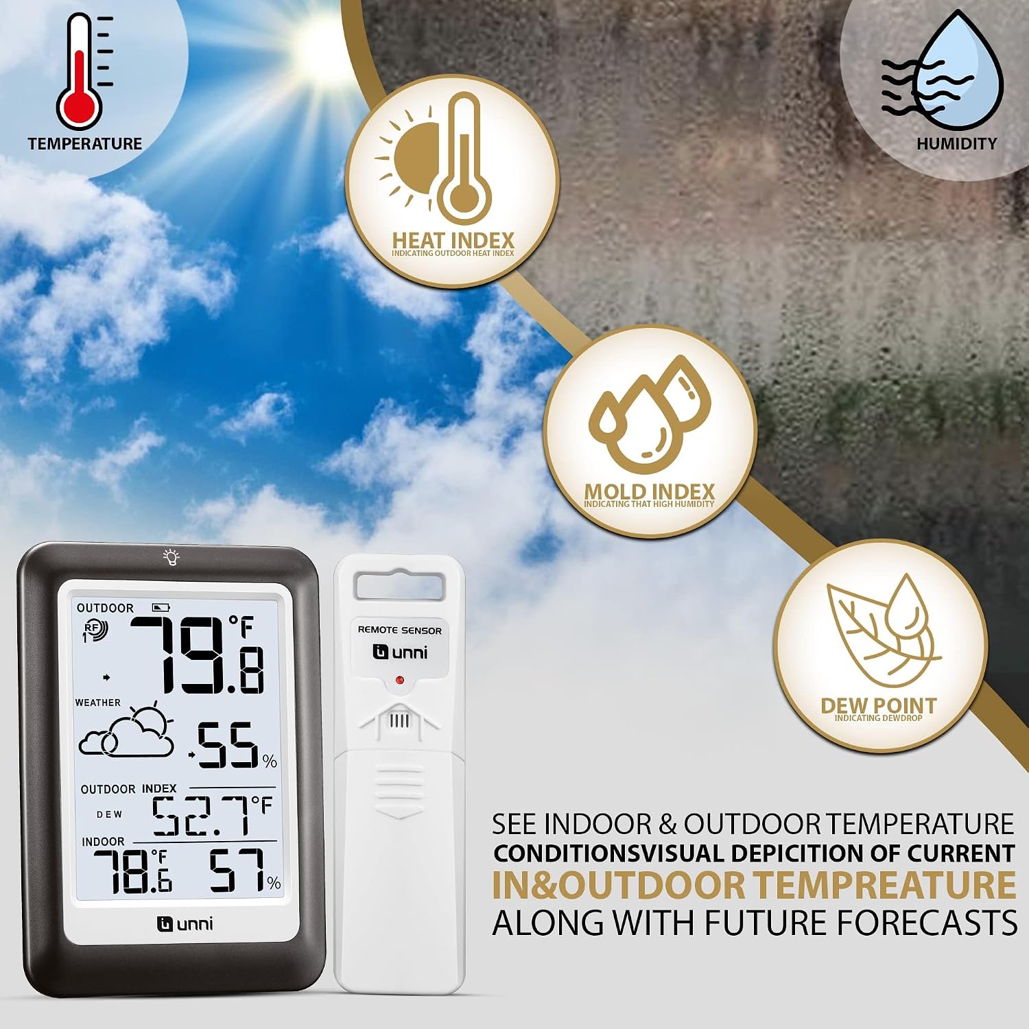 Indoor Outdoor Thermometer Wireless Weather Station, Temperature Humidity Monitor Battery Powered Inside Outside Thermometers With 330Ft Range Remote Sensor And Backlight Display（Metal Black）