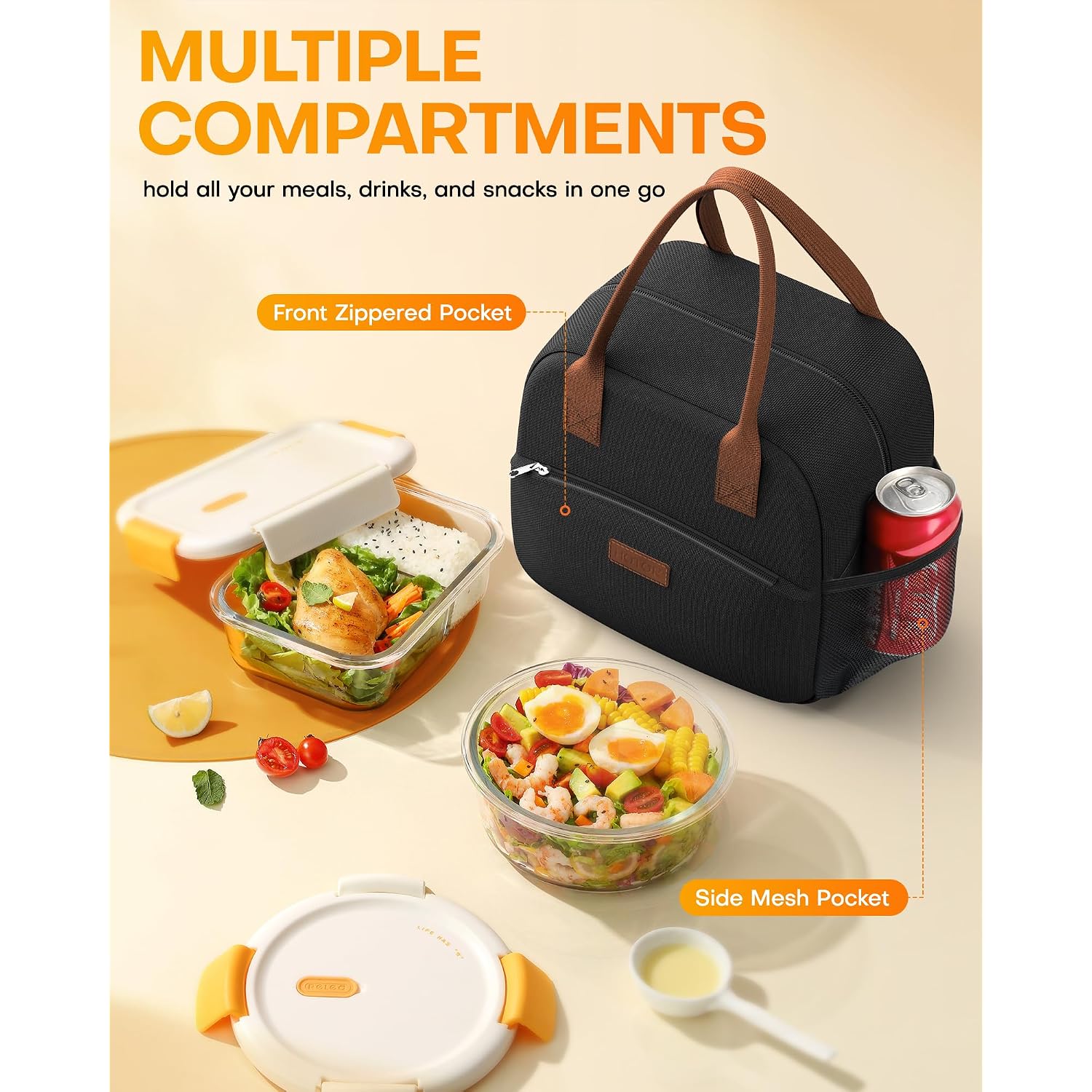 Hotor Lunch Bag For Women & Men - Wear-Resistant Insulated Lunch Box With Large Capacity, Multi-Functional Cooler Bag For Office, Picnic, Black, 10L,10.60" X 5.90" X 9.50"
