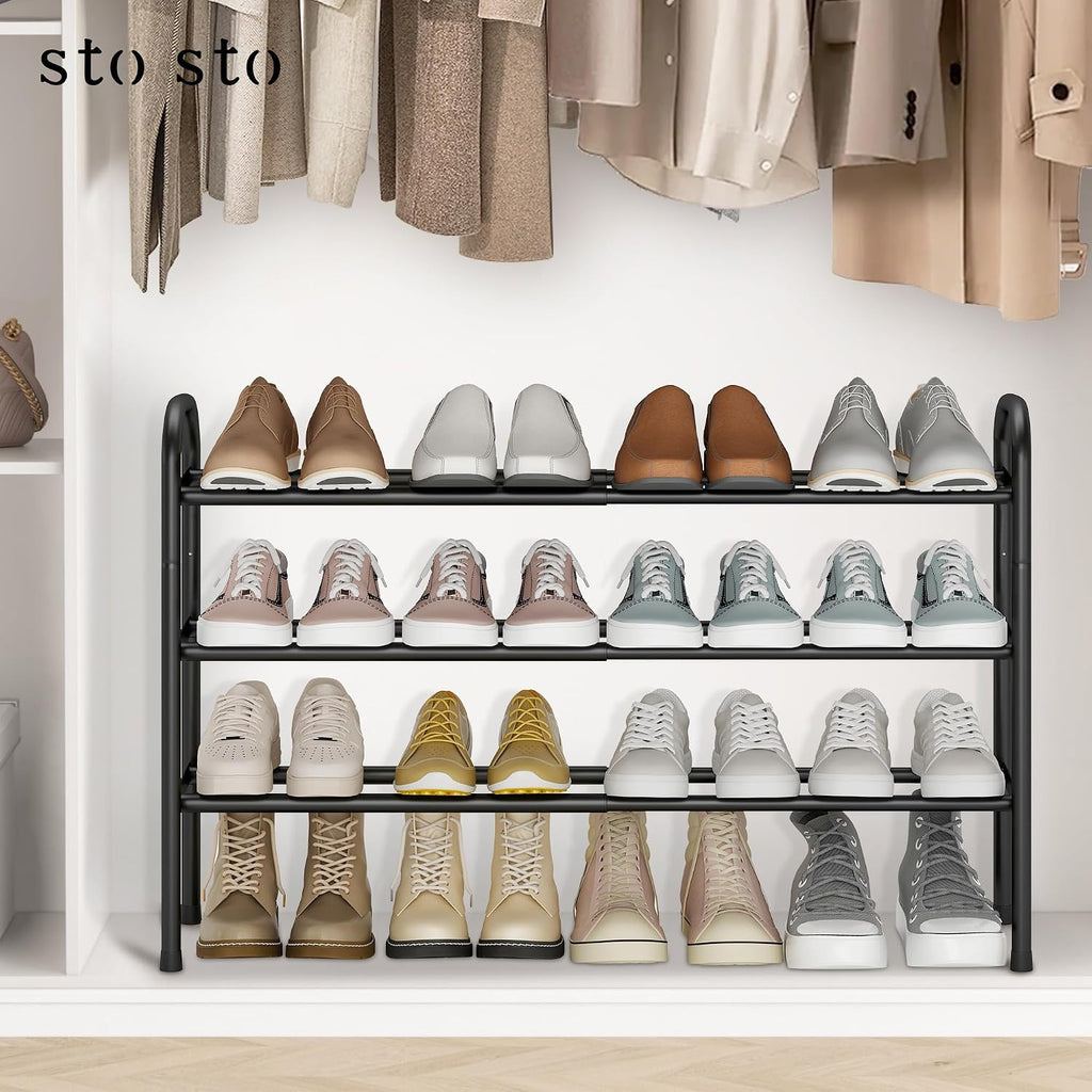 Expandable Shoe Rack, 3-Tier Metal Small Shoe Rack For Closet, Up To 16 Pairs Adjustable Shoes Racks Storage For Front Door Entrance, Free Standing Shoes Rack Organizer For Entryway, Black