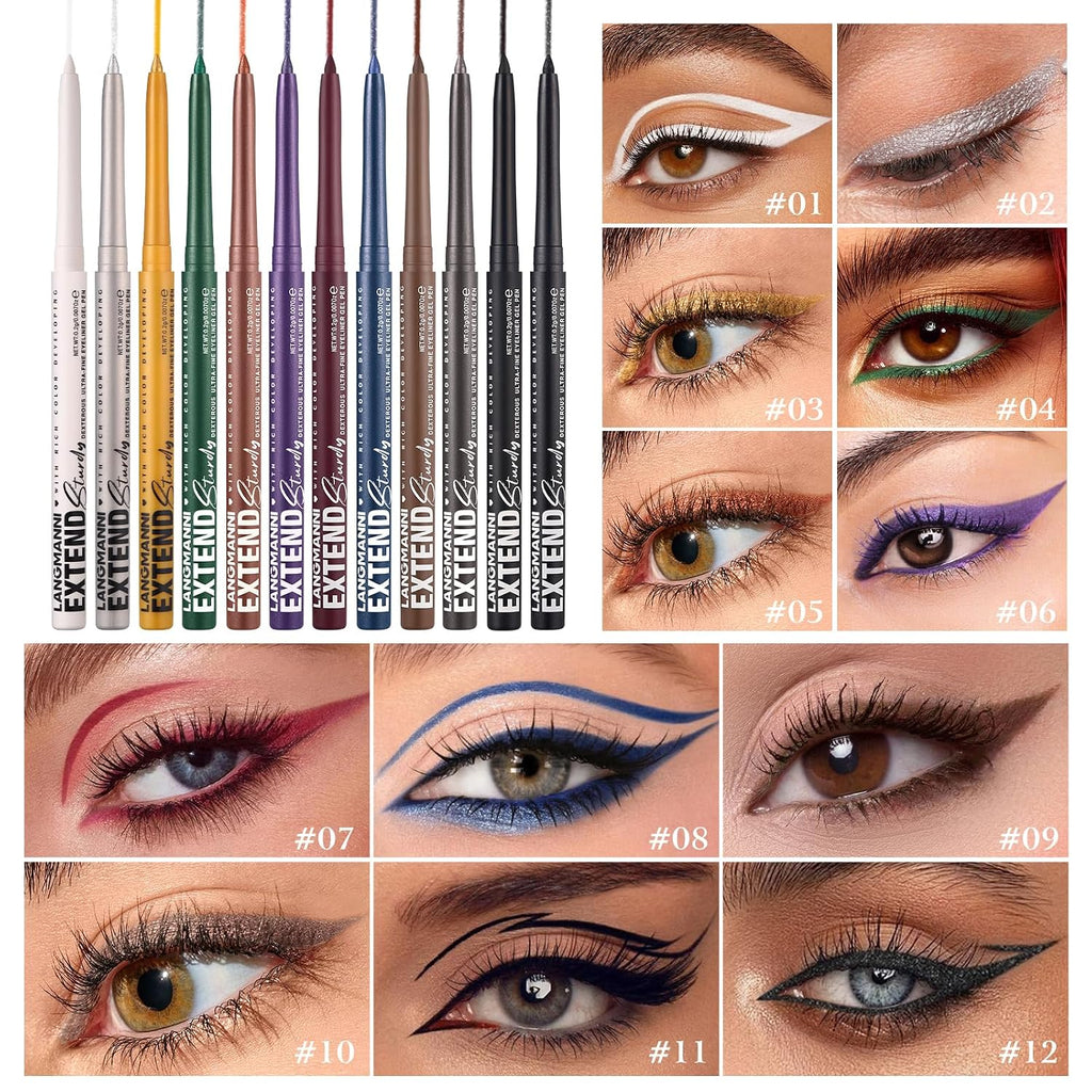 Langmanni 12Pcs Metal Colorful Eyeliner Pencil Set - Matte & Shimmer Eye Makeup,Smooth Use Long-Lasting & Waterproof Eyeliner Set