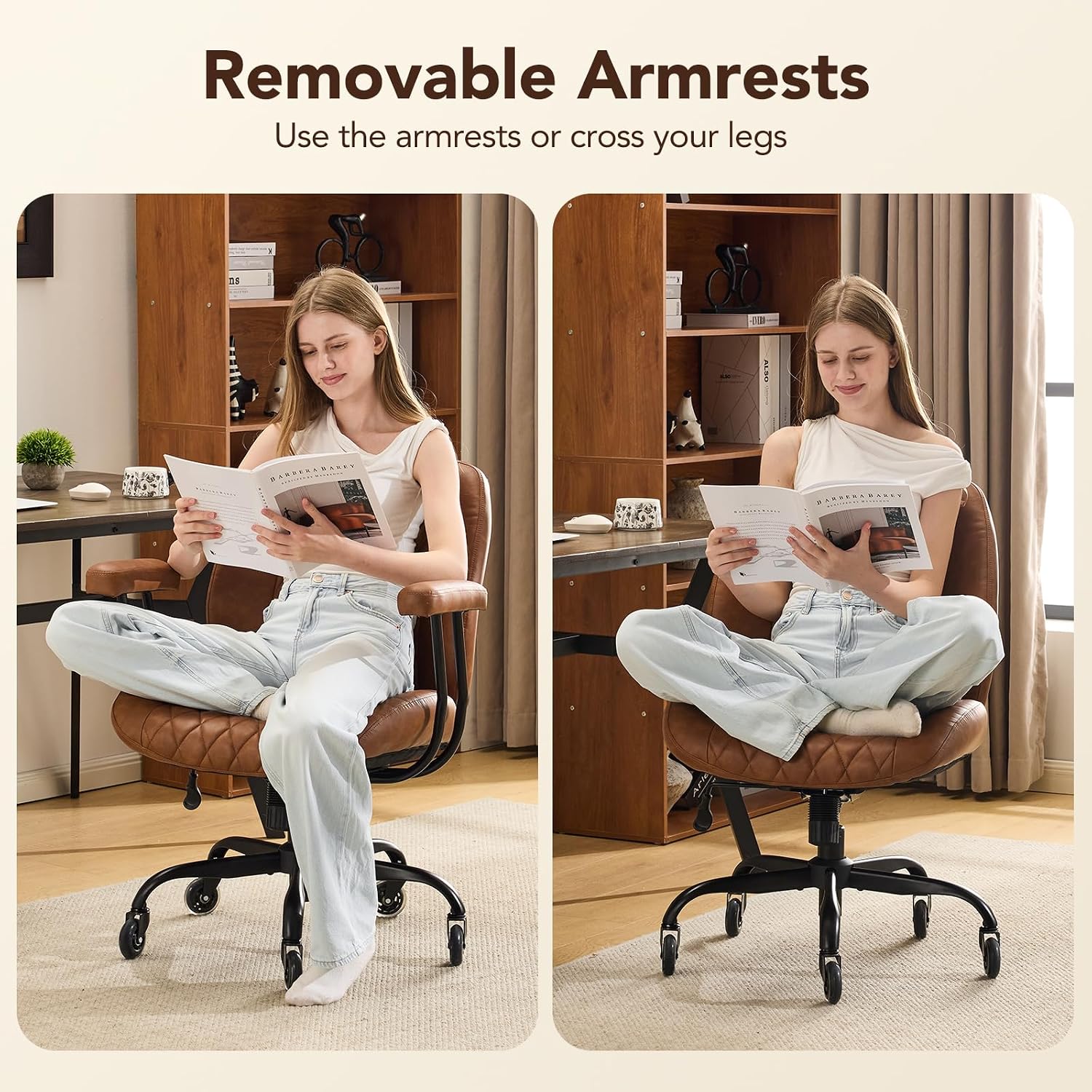 Yfo Home Office Desk Chair Office Rubber Casters Ergonomic Computer Chair With Lumbar Support Adjustable Height Rolling Swivel Executive Task Armrests Chair， Brown Leather
