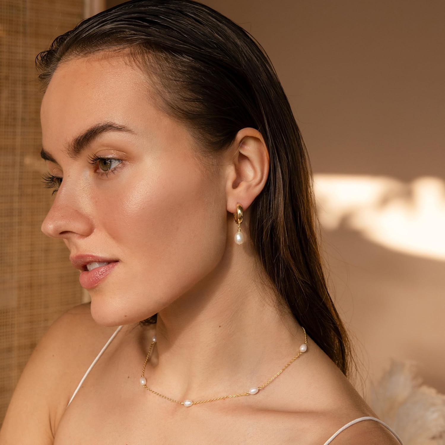 Pearl Earrings for Women 14K Gold Freshwater Pearl Hoop Earring Dangle Drop Wedding Earrings Bridal Bridesmaid Jewelry Gifts for Women