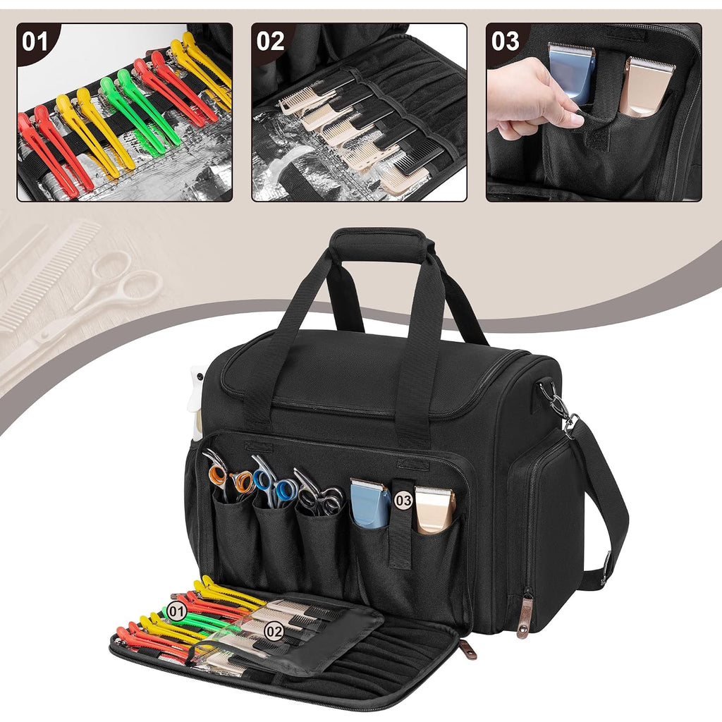 Large Insulated Hairdresser Bag With A Semi Detachable Divider And 2 Removable Pouches, Hairstylist Traveling Bag Holds Various Hair Cutting Tools, Black