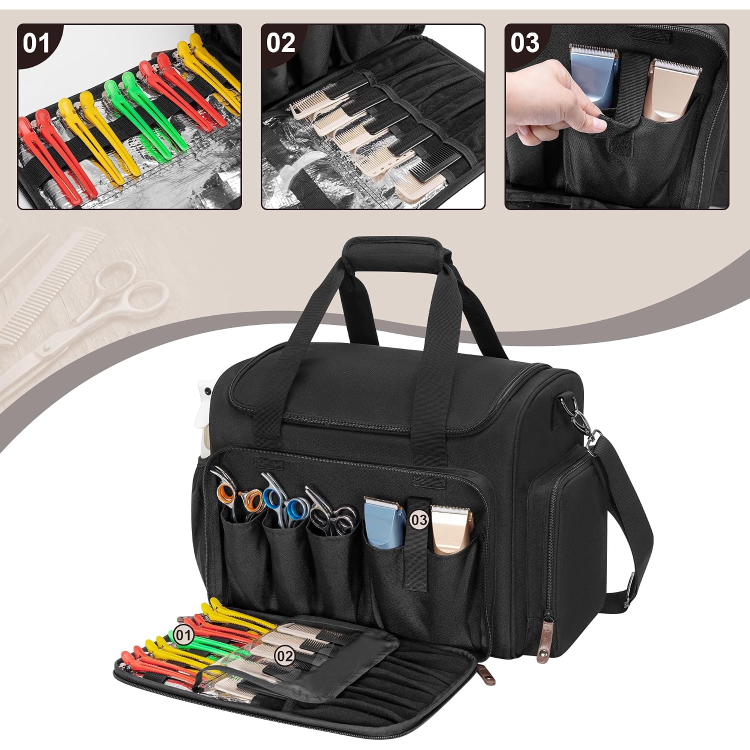 Large Insulated Hairdresser Bag With A Semi Detachable Divider And 2 Removable Pouches, Hairstylist Traveling Bag Holds Various Hair Cutting Tools, Black
