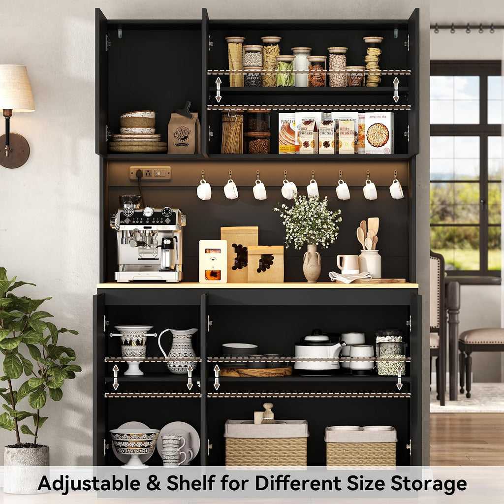 71" Black Kitchen Pantry With Power Outlet & Led Light, Large Kitchen Hutch Cabinet With Adjustable Shelf, Modern Buffet Cabinet With 6 Doors, Food Pantry Storage For Dining Room (Black 6 Doors)