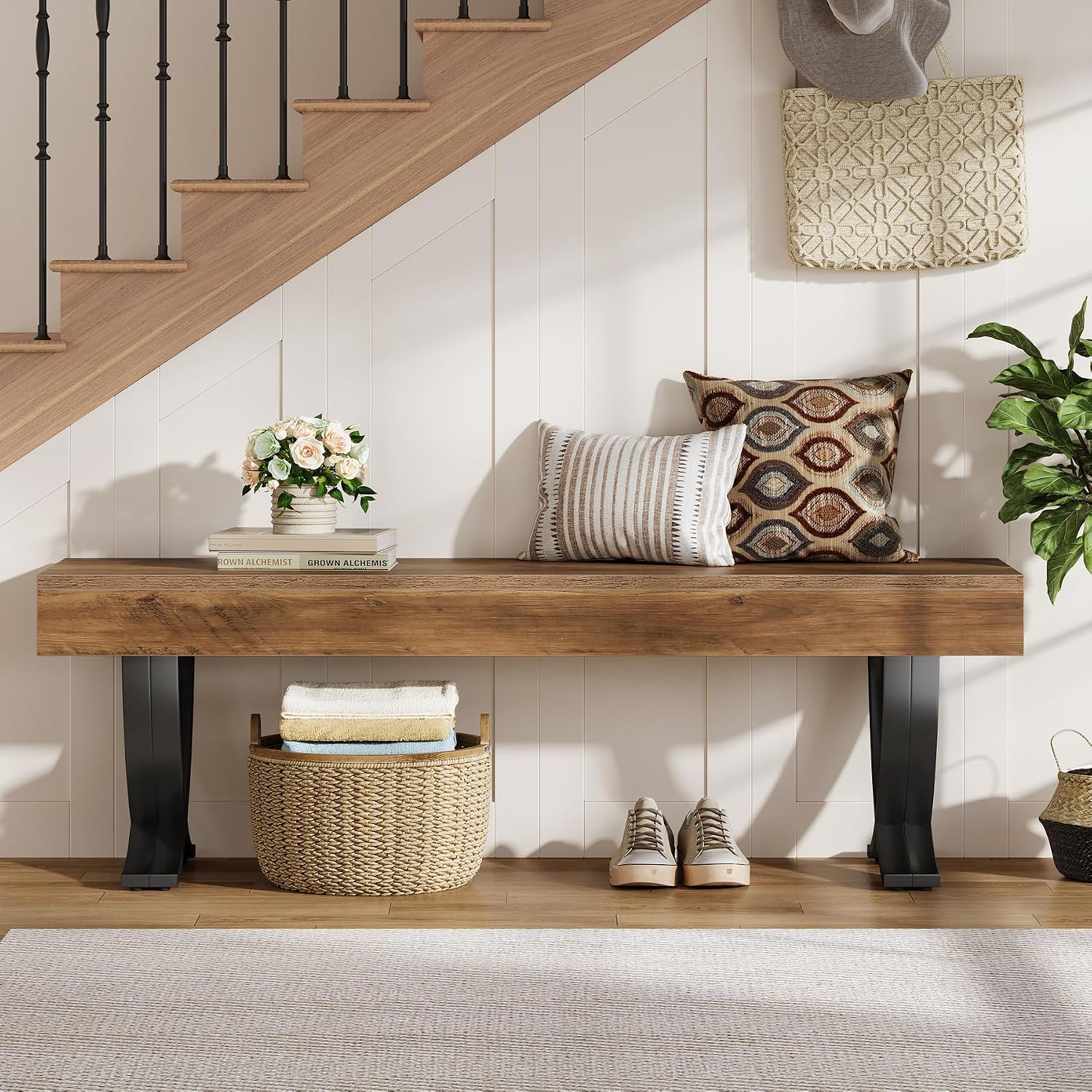 Tribesigns Entryway Shoe Bench, 55-Inch Wooden Shoe Bench With Metal X-Shaped Legs, Industrial Long End Of Bed Stool With Seating For Bedroom, Living Room, Hallway, Porch