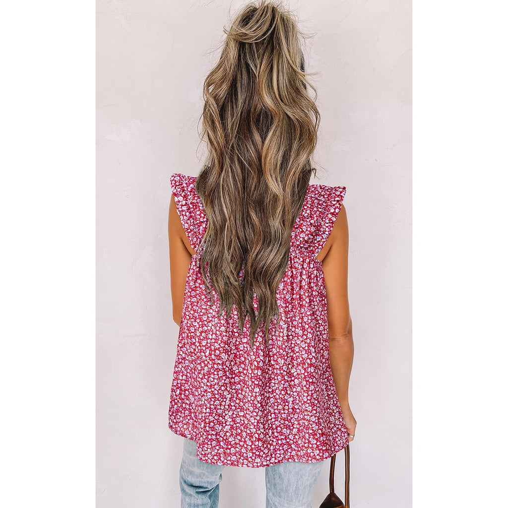 Prettygarden Boho Floral Tank Tops For Women, Shirred Straps Pleated Summer Casual Sleeveless Shirts Tops Beach Blouses