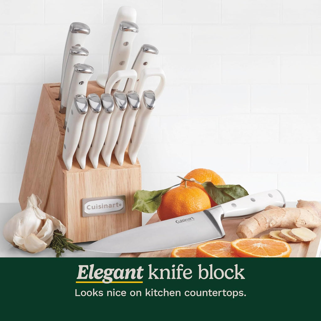 Cuisinart 15-Piece Knife Set With Block, High Carbon Stainless Steel, Forged Triple Rivet, White, C77Wtr-15P